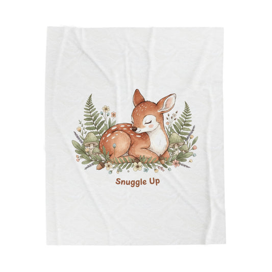 Sleeping Fawn Illustration Velveteen Plush Blanket | cute animal illustration, winter forest art