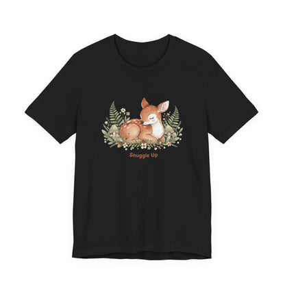 Snuggled Fawn Illustration Tee | cute animal illustration, winter forest art