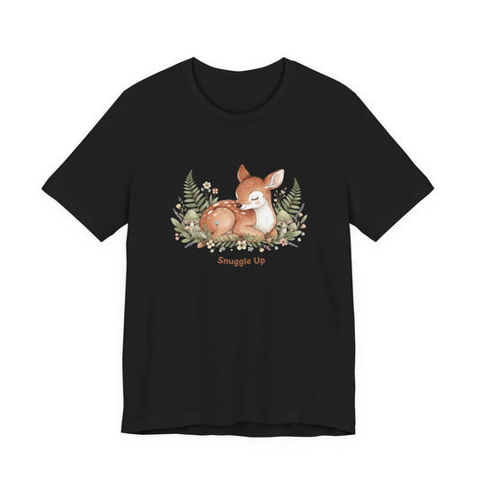 Snuggled Fawn Illustration Tee | cute animal illustration, winter forest art