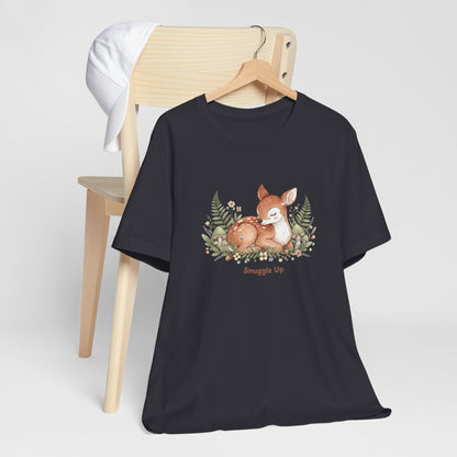Snuggled Fawn Illustration Tee | cute animal illustration, winter forest art
