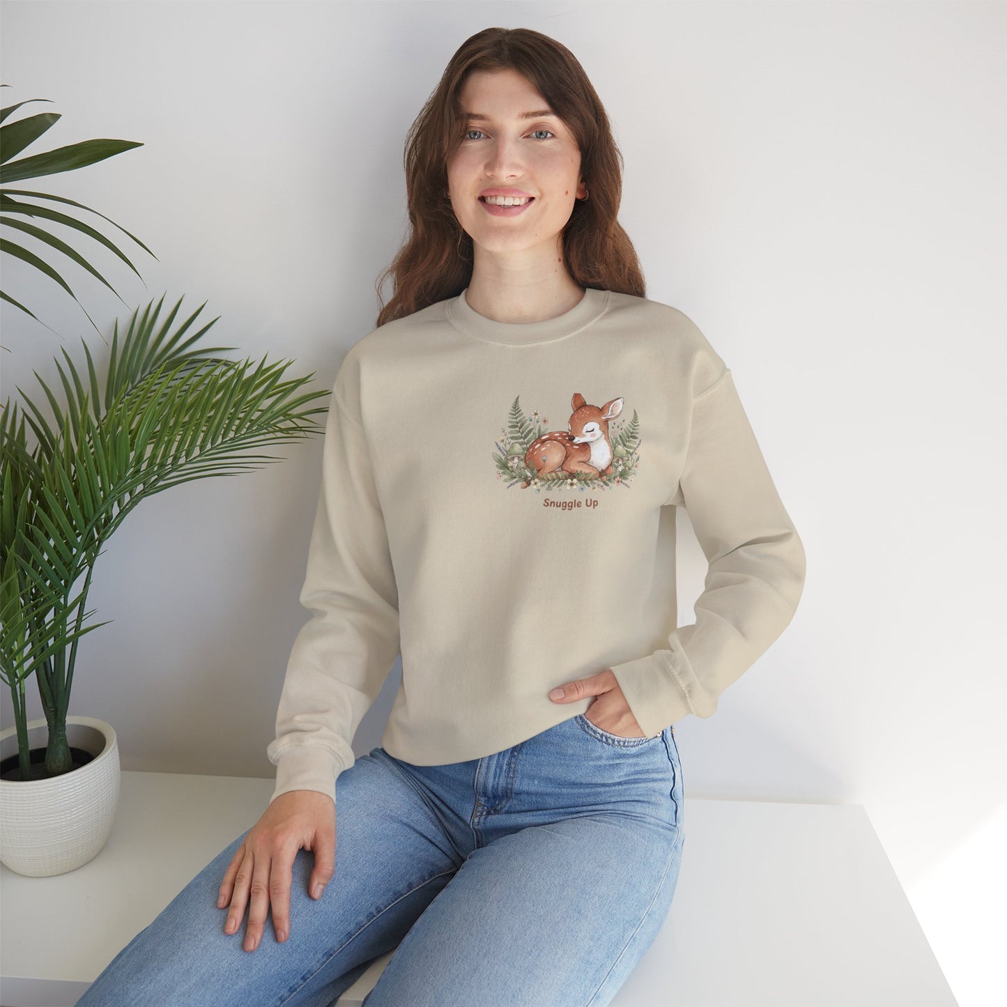 Cozy Winter Forest Fawn Crewneck Sweatshirt | cute animal illustration, cozy critter art