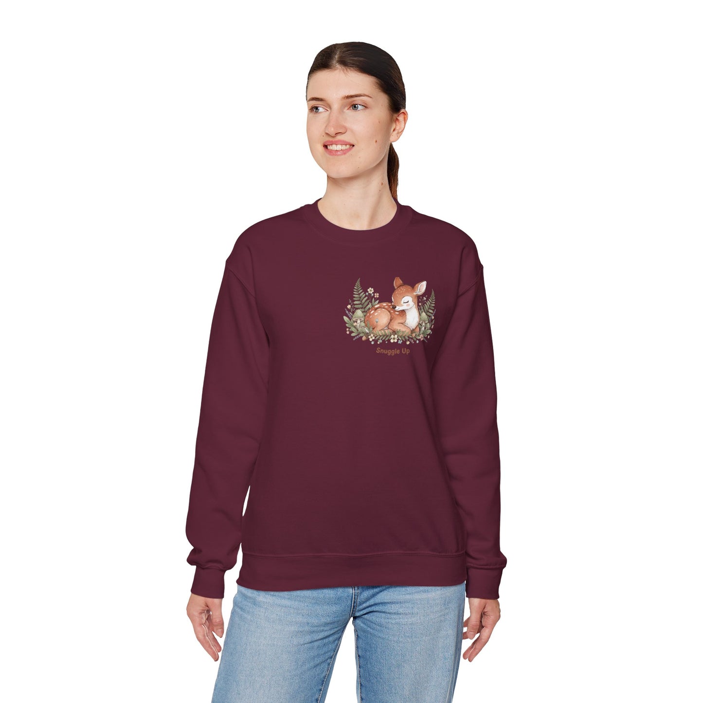 Cozy Winter Forest Fawn Crewneck Sweatshirt | cute animal illustration, cozy critter art
