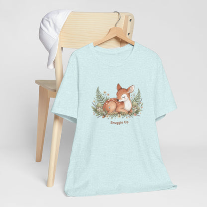 Snuggled Fawn Illustration Tee | cute animal illustration, winter forest art