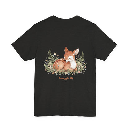 Snuggled Fawn Illustration Tee | cute animal illustration, winter forest art