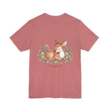Snuggled Fawn Illustration Tee | cute animal illustration, winter forest art