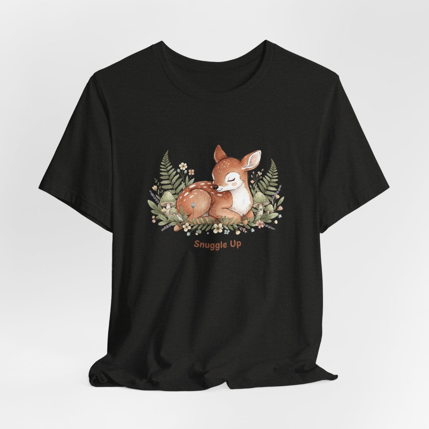 Snuggled Fawn Illustration Tee | cute animal illustration, winter forest art