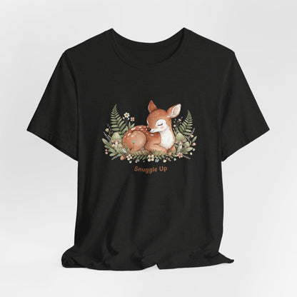 Snuggled Fawn Illustration Tee | cute animal illustration, winter forest art