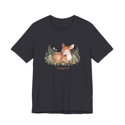 Snuggled Fawn Illustration Tee | cute animal illustration, winter forest art