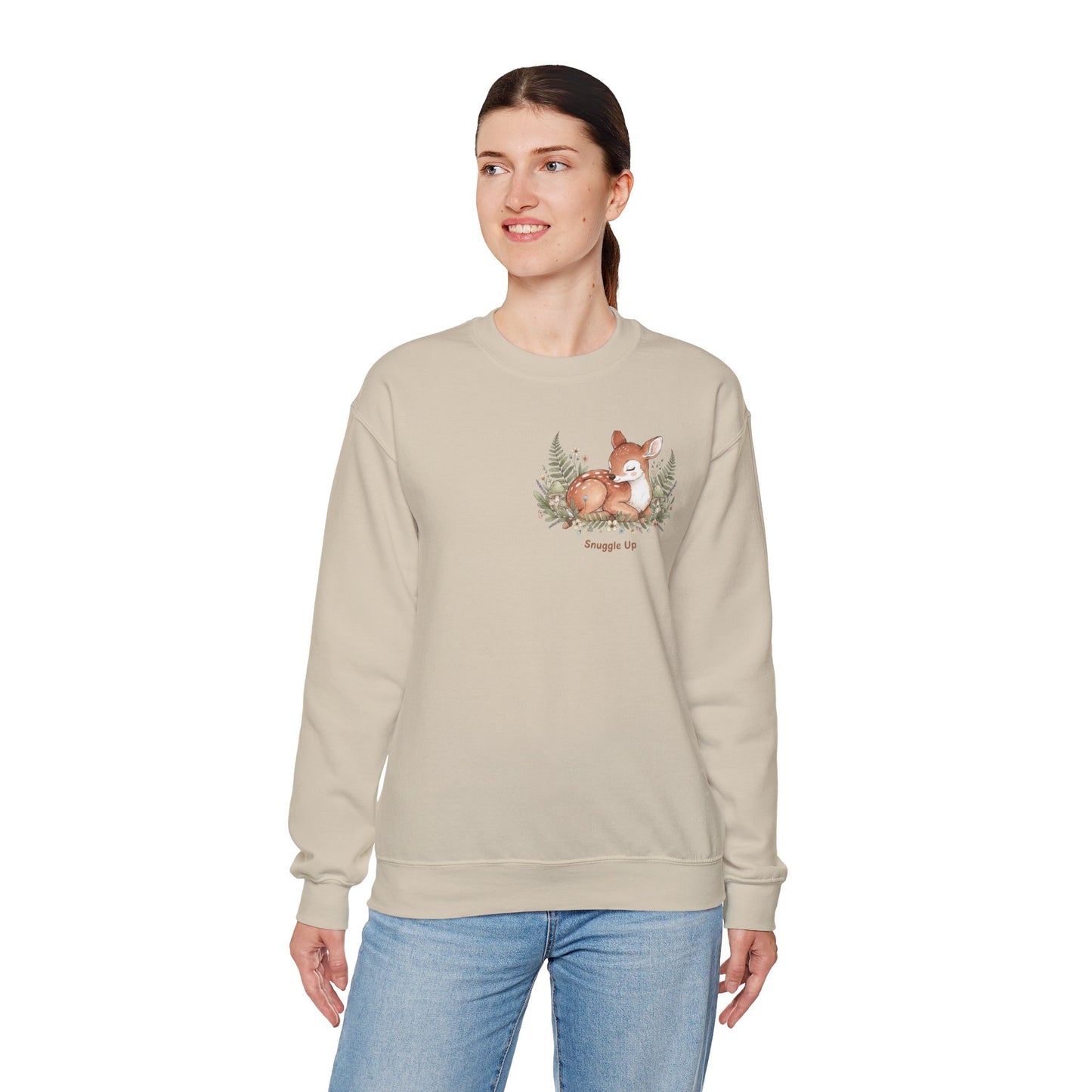 Cozy Winter Forest Fawn Crewneck Sweatshirt | cute animal illustration, cozy critter art