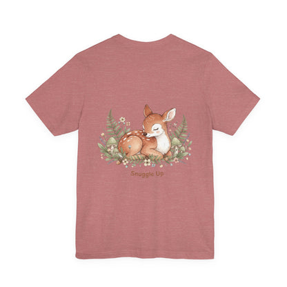 Snuggled Fawn Illustration Tee | cute animal illustration, winter forest art