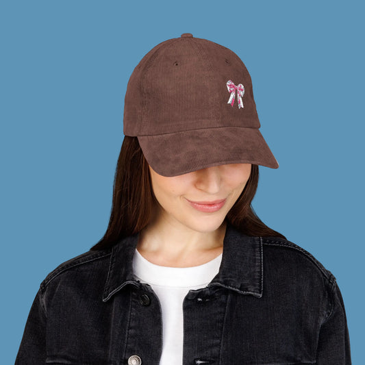 Corduroy Bow Cap — Vintage Embroidered Pink Ribbon Hat