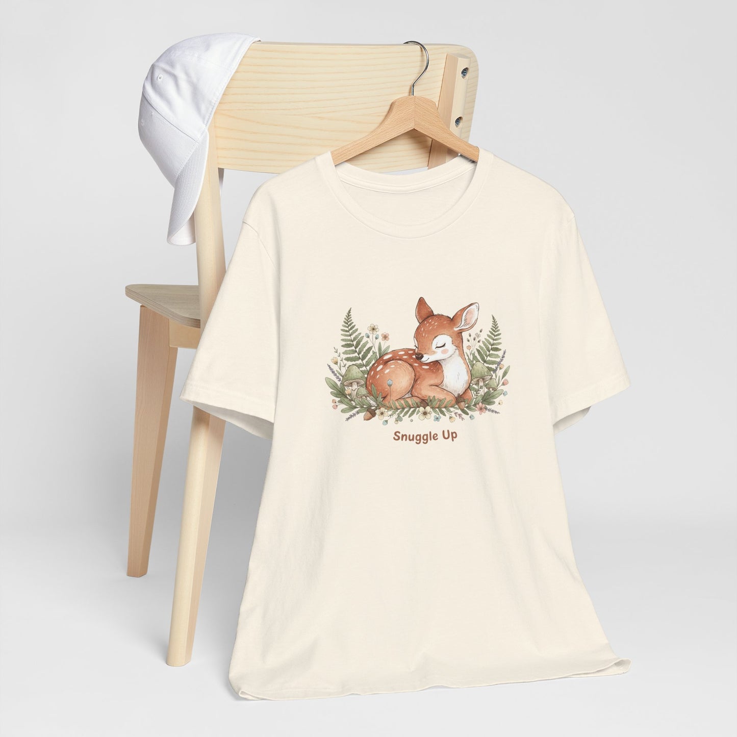 Snuggled Fawn Illustration Tee | cute animal illustration, winter forest art