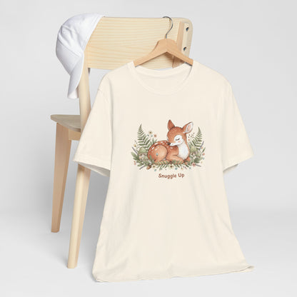 Snuggled Fawn Illustration Tee | cute animal illustration, winter forest art