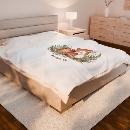 Sleeping Fawn Illustration Velveteen Plush Blanket | cute animal illustration, winter forest art