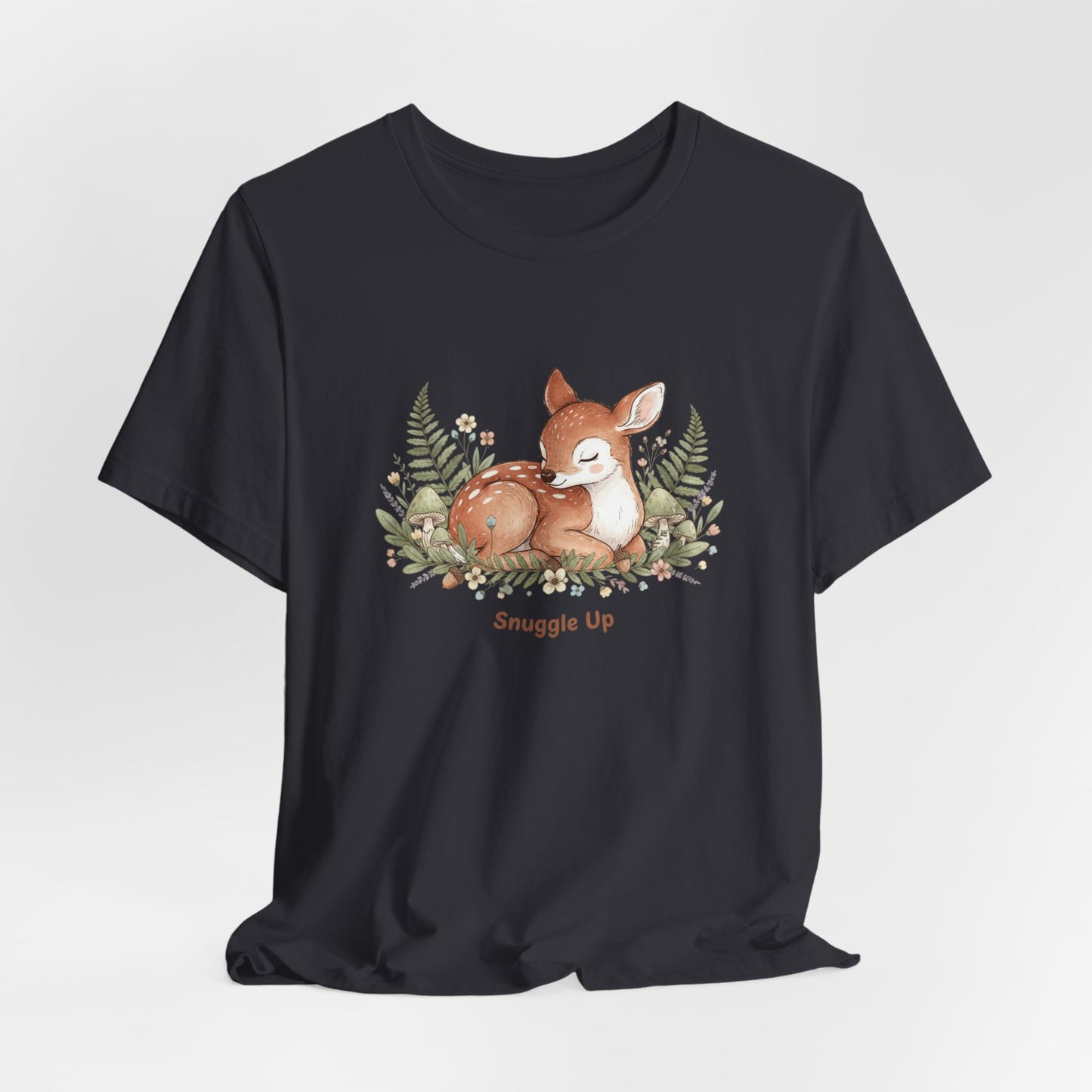 Snuggled Fawn Illustration Tee | cute animal illustration, winter forest art