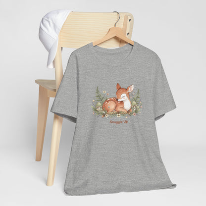 Snuggled Fawn Illustration Tee | cute animal illustration, winter forest art