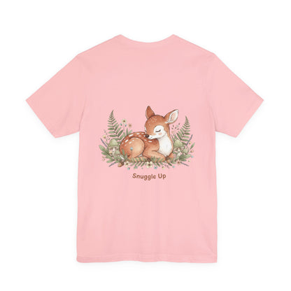 Snuggled Fawn Illustration Tee | cute animal illustration, winter forest art