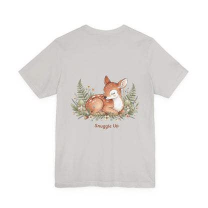 Snuggled Fawn Illustration Tee | cute animal illustration, winter forest art