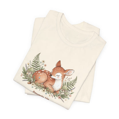 Snuggled Fawn Illustration Tee | cute animal illustration, winter forest art