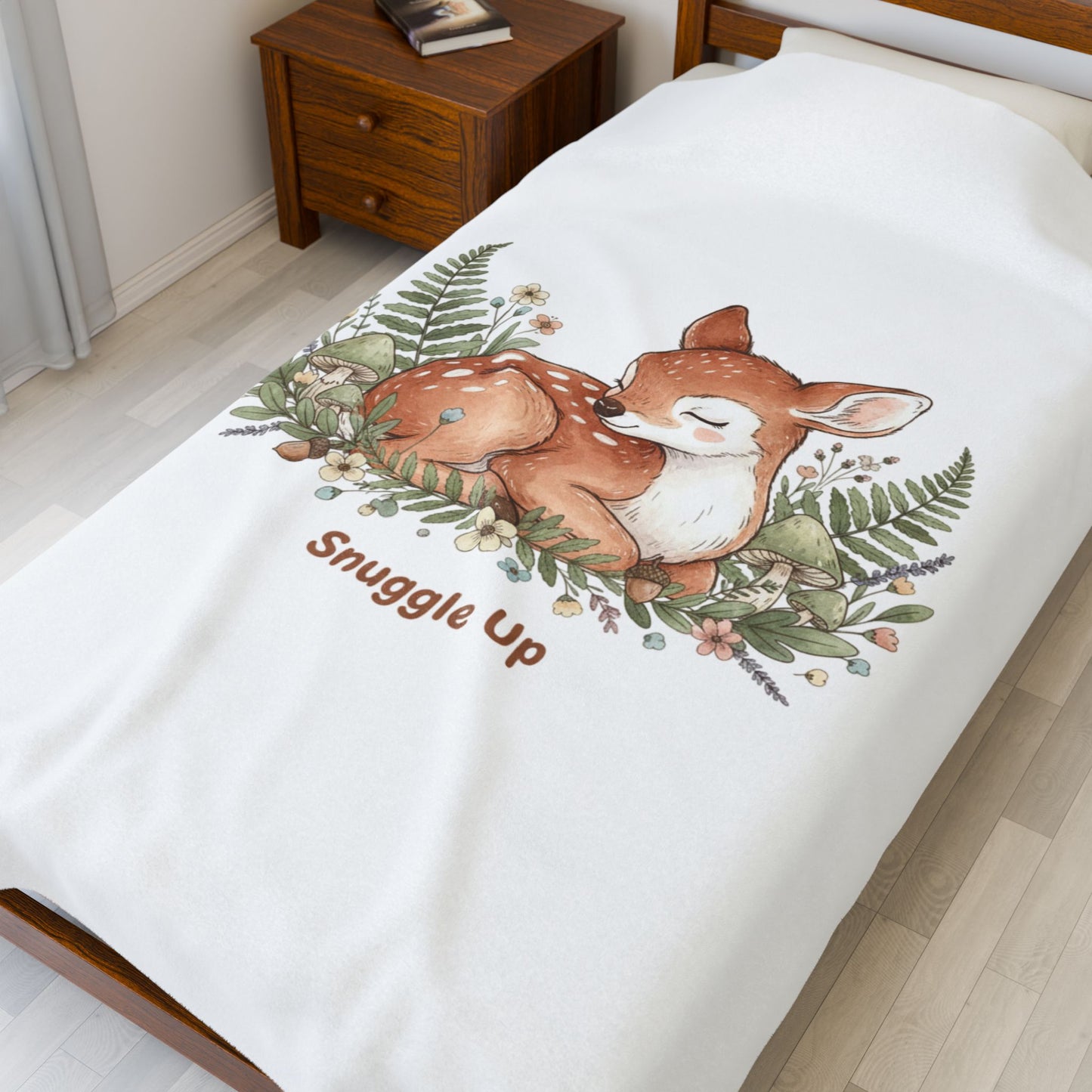 Sleeping Fawn Illustration Velveteen Plush Blanket | cute animal illustration, winter forest art