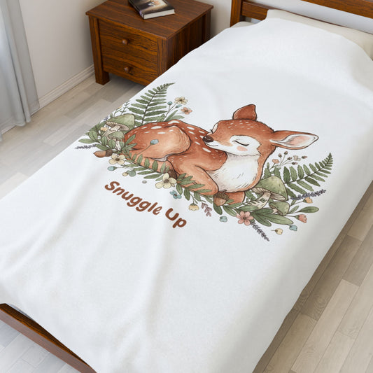 Sleeping Fawn Illustration Velveteen Plush Blanket | cute animal illustration, winter forest art