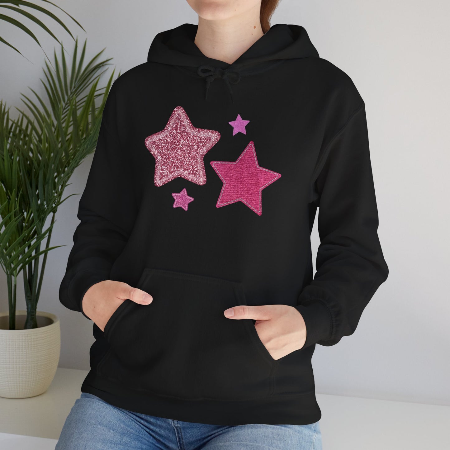 Pink Glitter Stars Hoodie — Cute Sparkle Graphic Pullover
