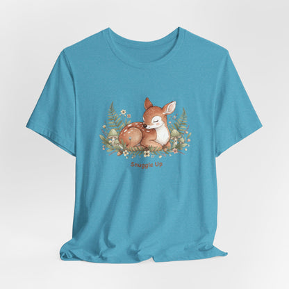 Snuggled Fawn Illustration Tee | cute animal illustration, winter forest art