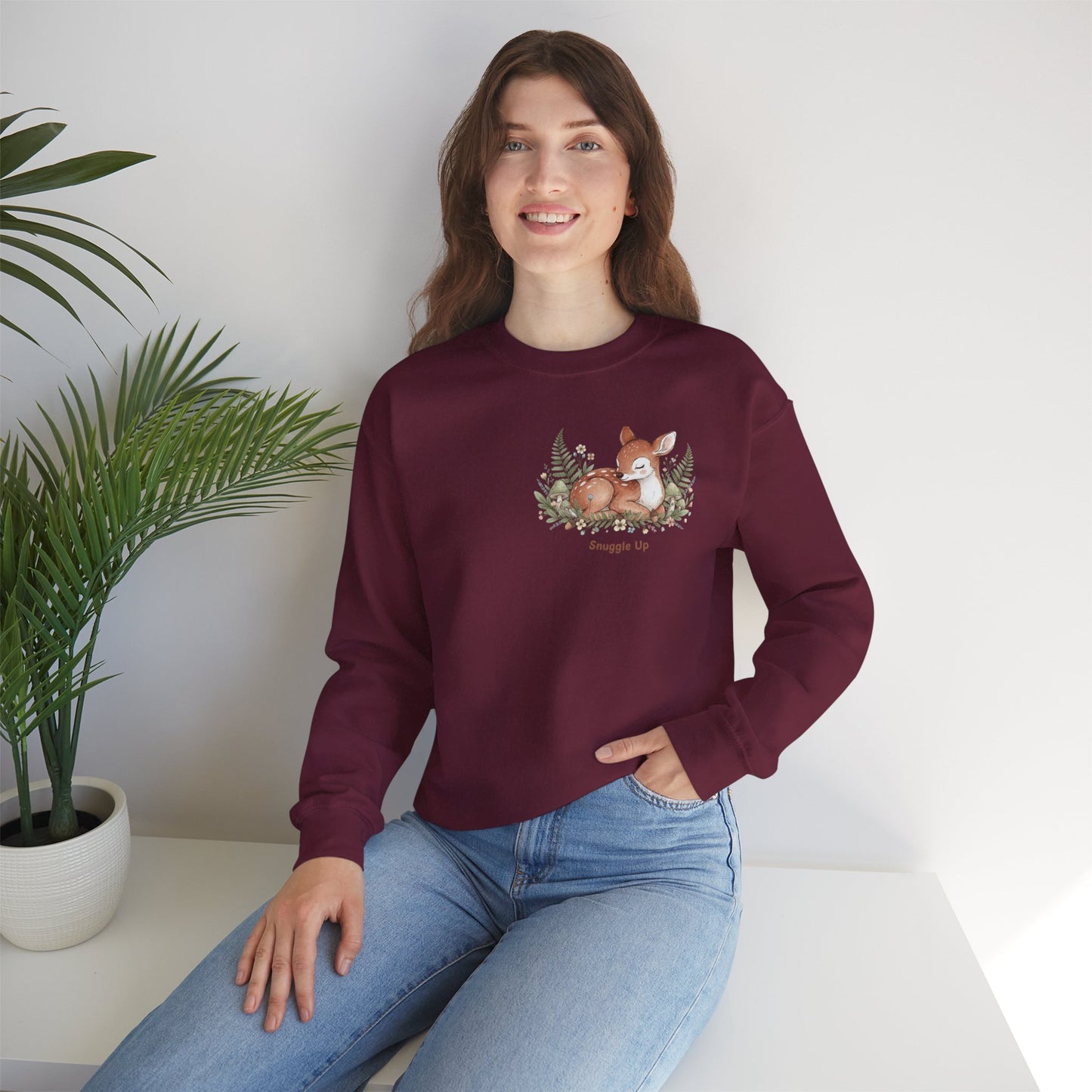 Cozy Winter Forest Fawn Crewneck Sweatshirt | cute animal illustration, cozy critter art