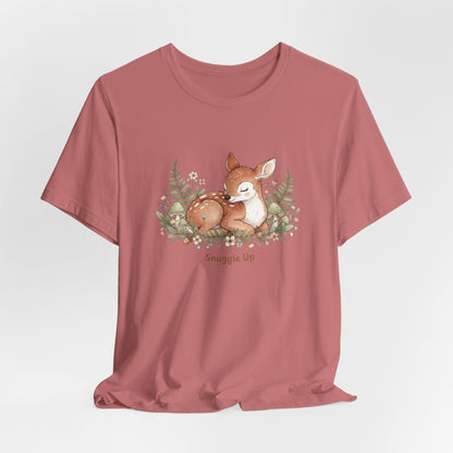 Snuggled Fawn Illustration Tee | cute animal illustration, winter forest art