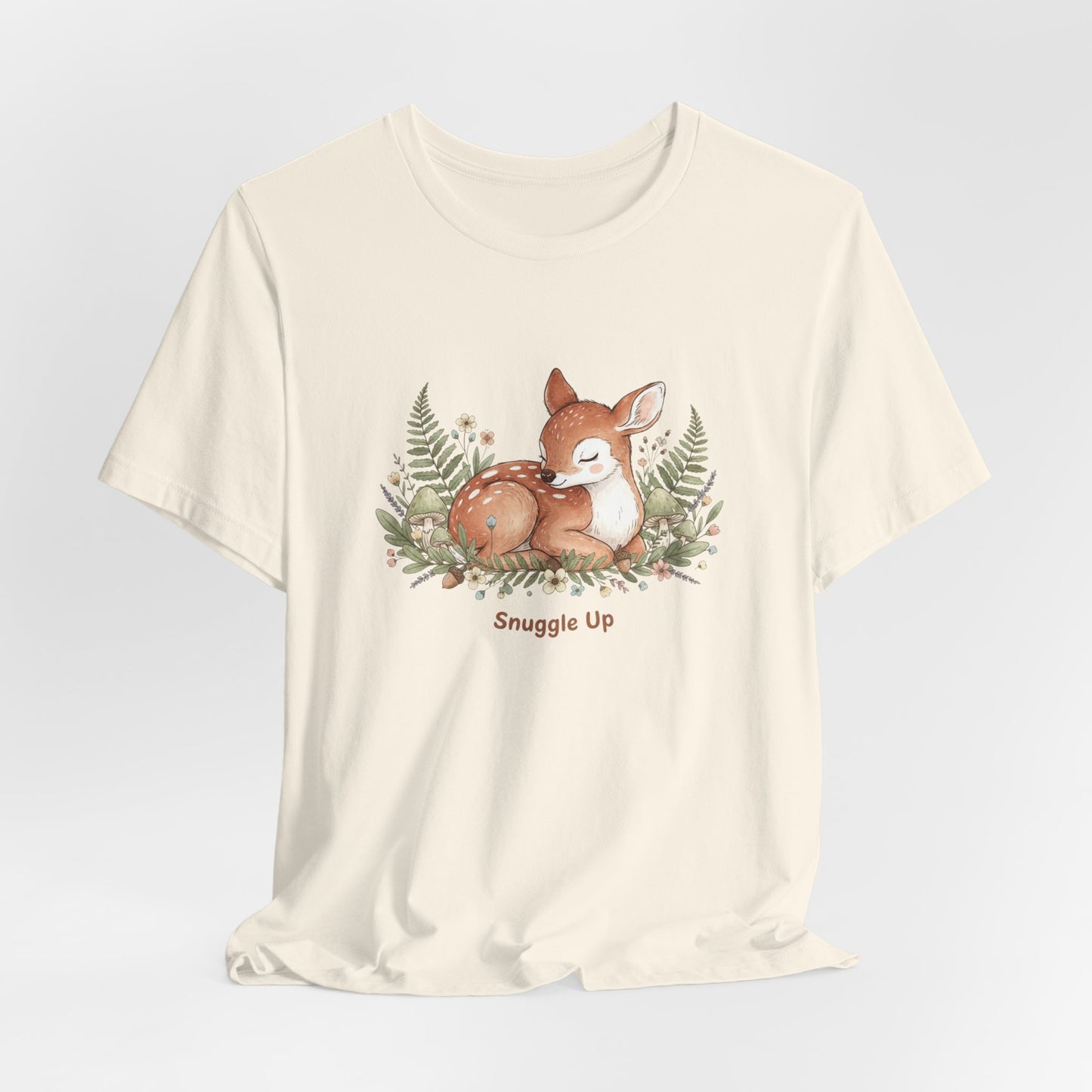 Snuggled Fawn Illustration Tee | cute animal illustration, winter forest art