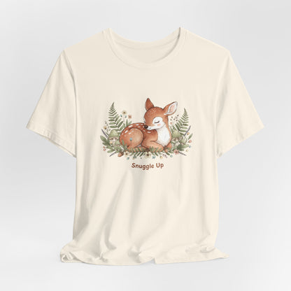 Snuggled Fawn Illustration Tee | cute animal illustration, winter forest art