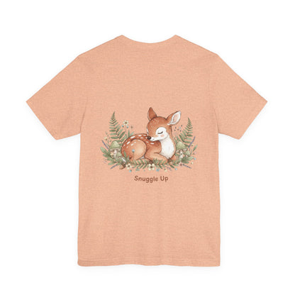 Snuggled Fawn Illustration Tee | cute animal illustration, winter forest art