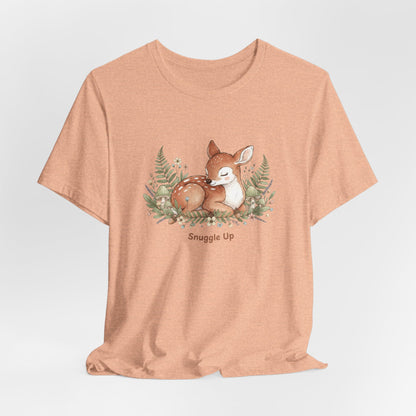 Snuggled Fawn Illustration Tee | cute animal illustration, winter forest art