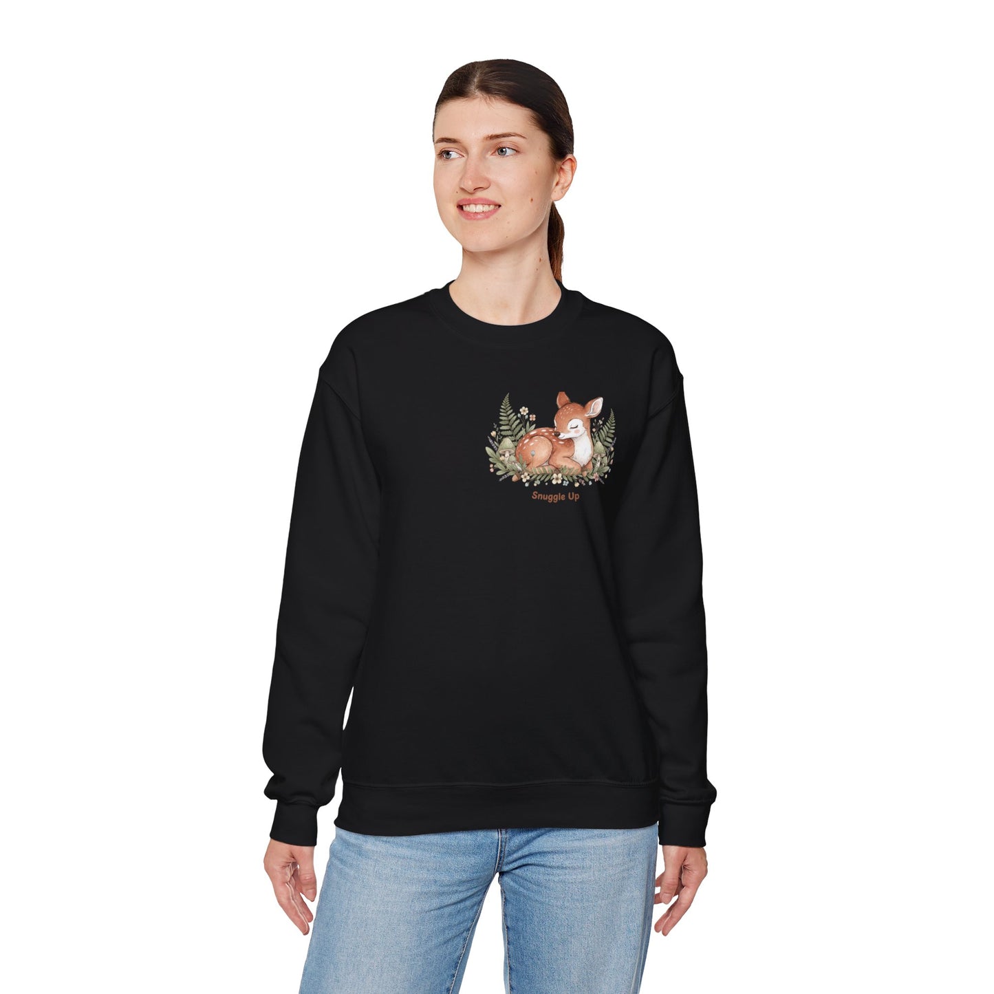 Cozy Winter Forest Fawn Crewneck Sweatshirt | cute animal illustration, cozy critter art