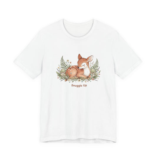 Snuggled Fawn Illustration Tee | cute animal illustration, winter forest art