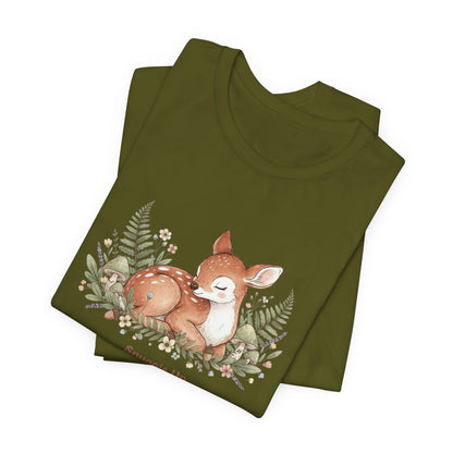 Snuggled Fawn Illustration Tee | cute animal illustration, winter forest art