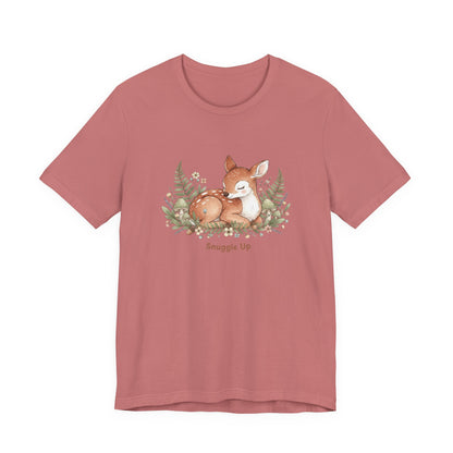 Snuggled Fawn Illustration Tee | cute animal illustration, winter forest art