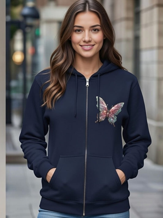 Butterfly Watercolor Zip Hoodie — Pastel Moth Graphic Full‑Zip Sweatshirt