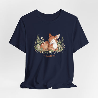 Snuggled Fawn Illustration Tee | cute animal illustration, winter forest art