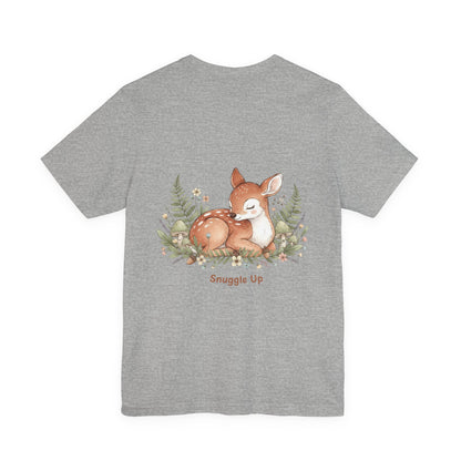 Snuggled Fawn Illustration Tee | cute animal illustration, winter forest art