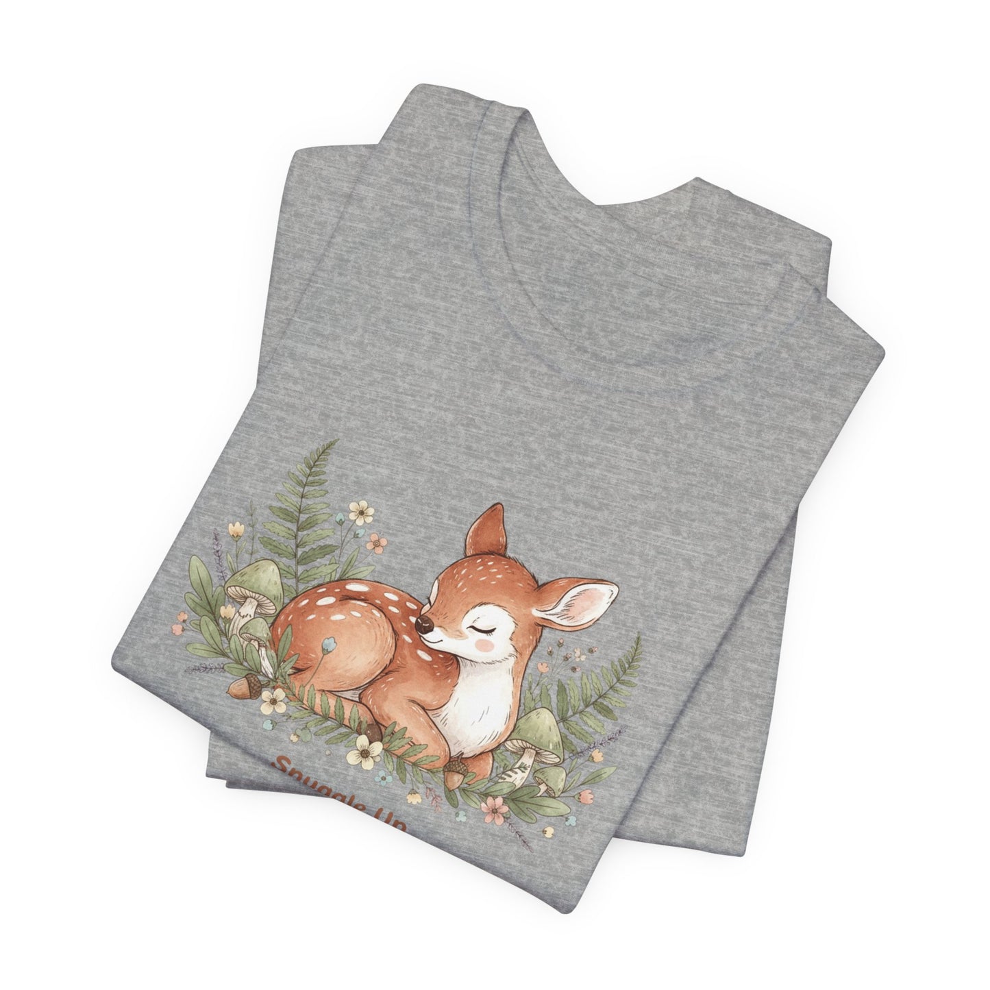 Snuggled Fawn Illustration Tee | cute animal illustration, winter forest art