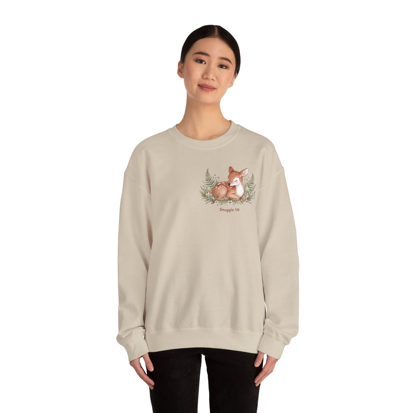 Cozy Winter Forest Fawn Crewneck Sweatshirt | cute animal illustration, cozy critter art