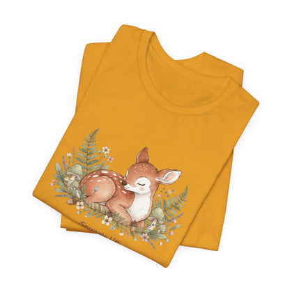 Snuggled Fawn Illustration Tee | cute animal illustration, winter forest art