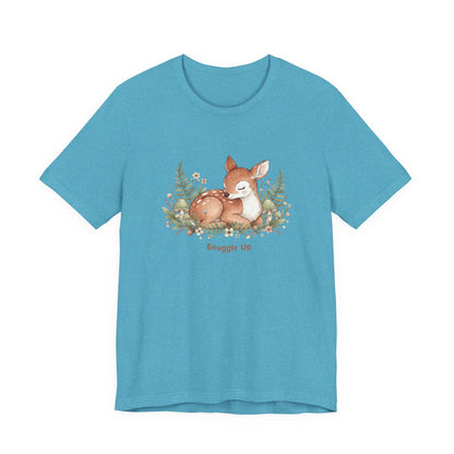 Snuggled Fawn Illustration Tee | cute animal illustration, winter forest art