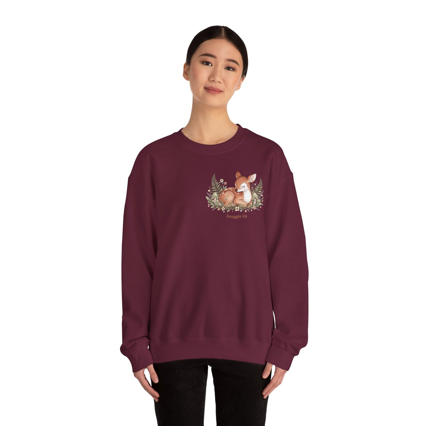 Cozy Winter Forest Fawn Crewneck Sweatshirt | cute animal illustration, cozy critter art