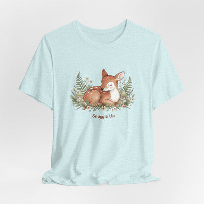 Snuggled Fawn Illustration Tee | cute animal illustration, winter forest art