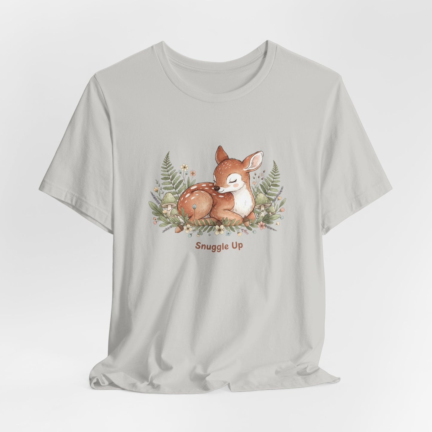 Snuggled Fawn Illustration Tee | cute animal illustration, winter forest art