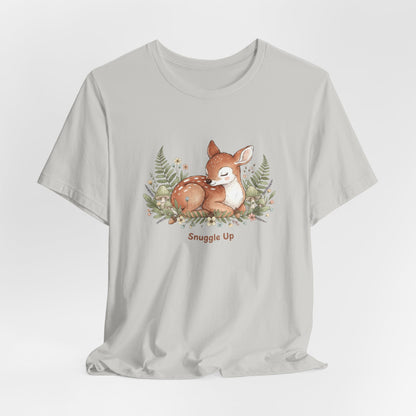 Snuggled Fawn Illustration Tee | cute animal illustration, winter forest art