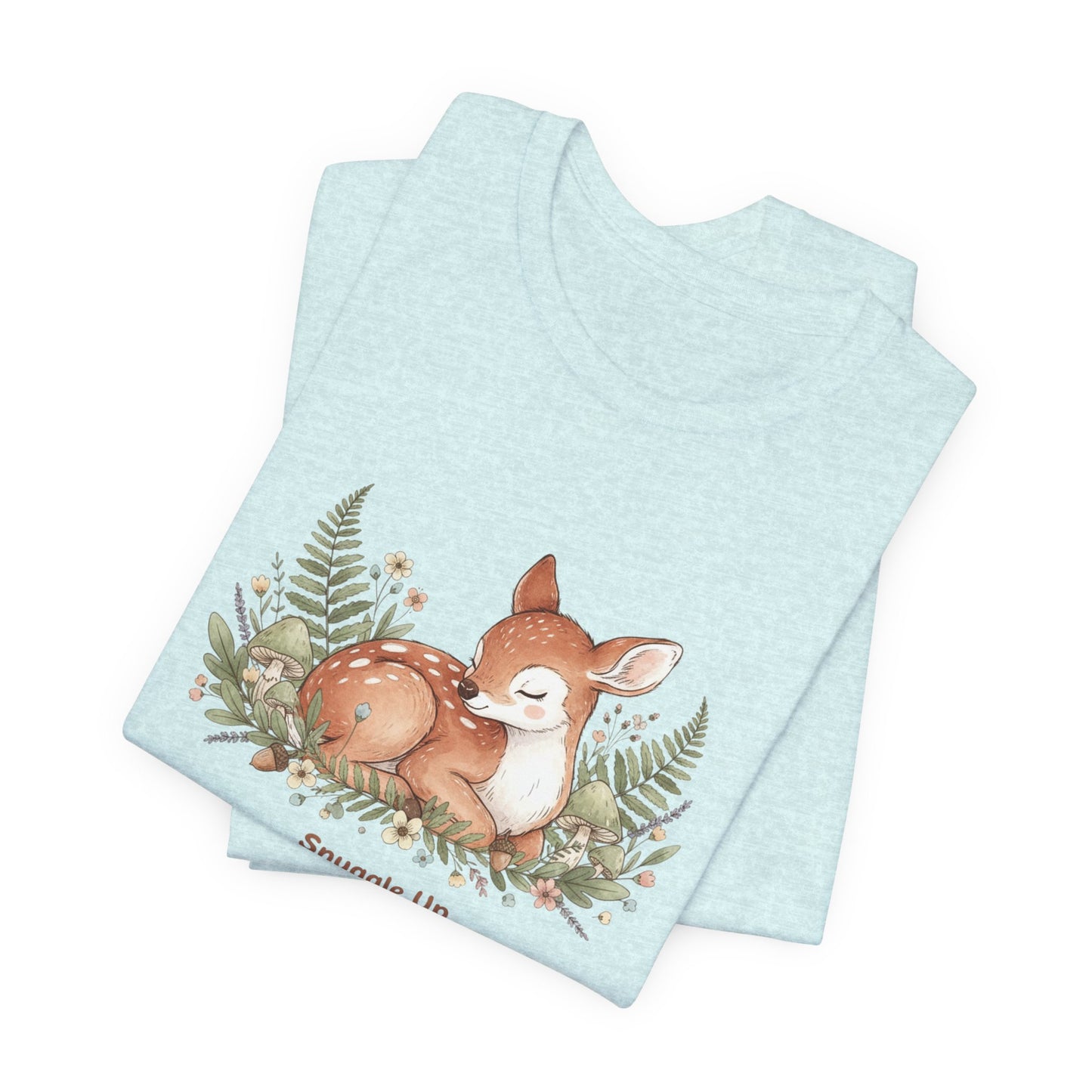 Snuggled Fawn Illustration Tee | cute animal illustration, winter forest art