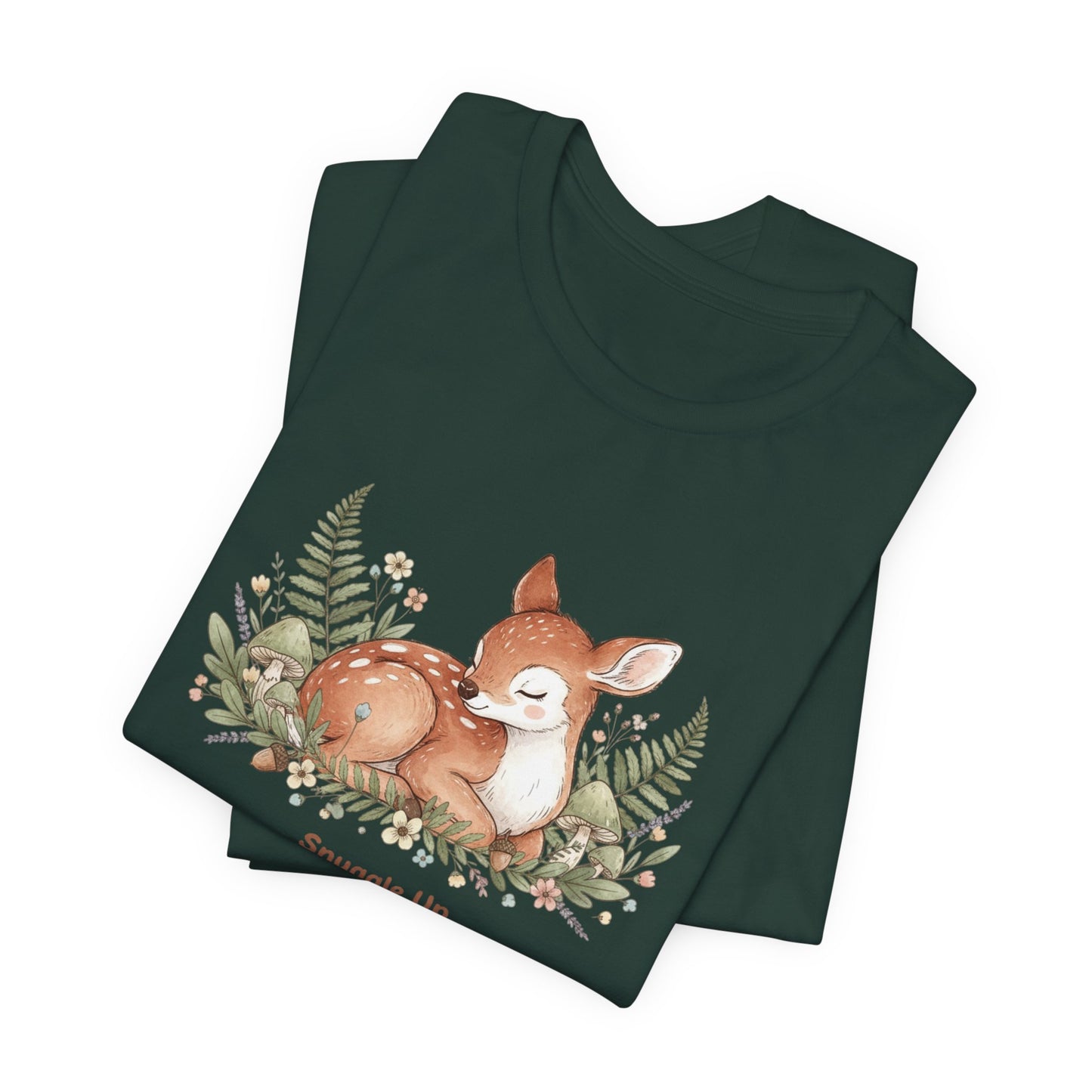 Snuggled Fawn Illustration Tee | cute animal illustration, winter forest art